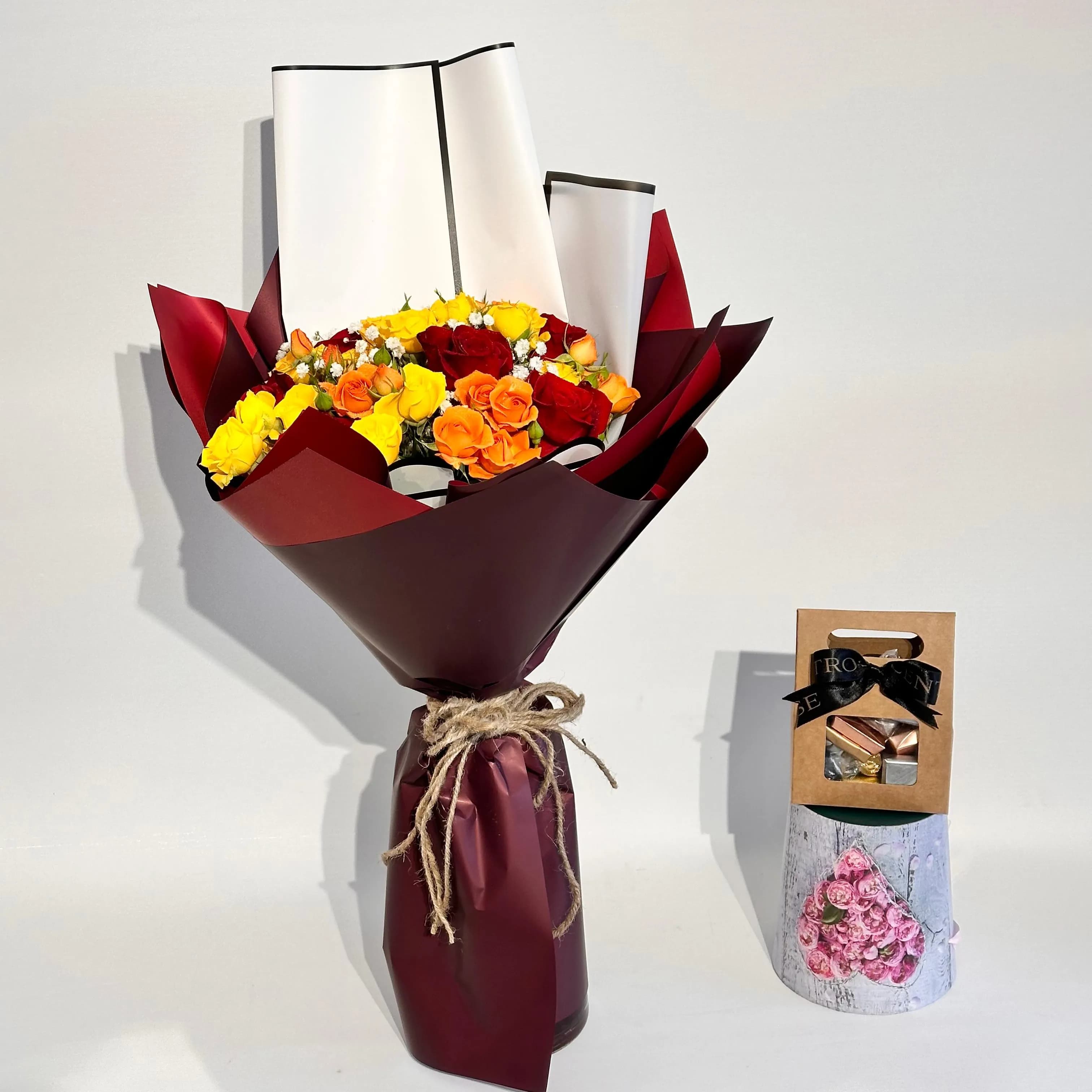 Mixed Fresh Flower Bouquet With Chocolate Bag 1412