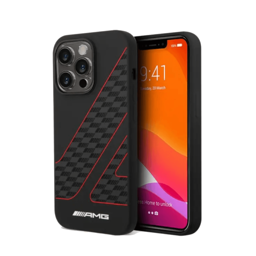 Amg Liquid Silicon Case With Checkered Flag Pattern For iPhone 14 Pro - Black/Red