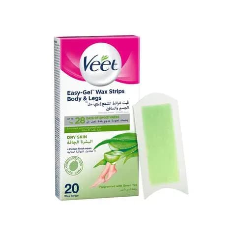 Veet Easy-Gel Wax Strips Body & Legs for Dry Skin, Fragranced with Green Tea, 20 Wax Strips