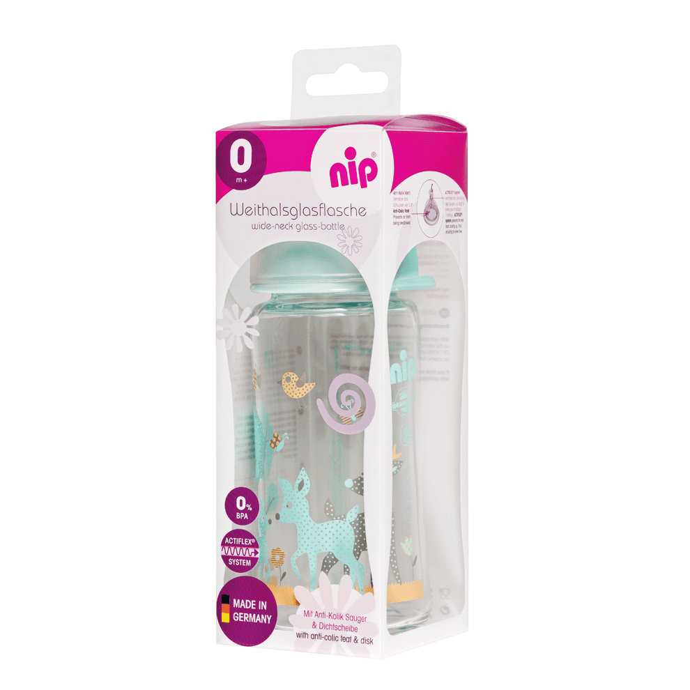 Nip Wide Neck Glass Bottle With Silicone Teat-M 240ml Boy Deer
