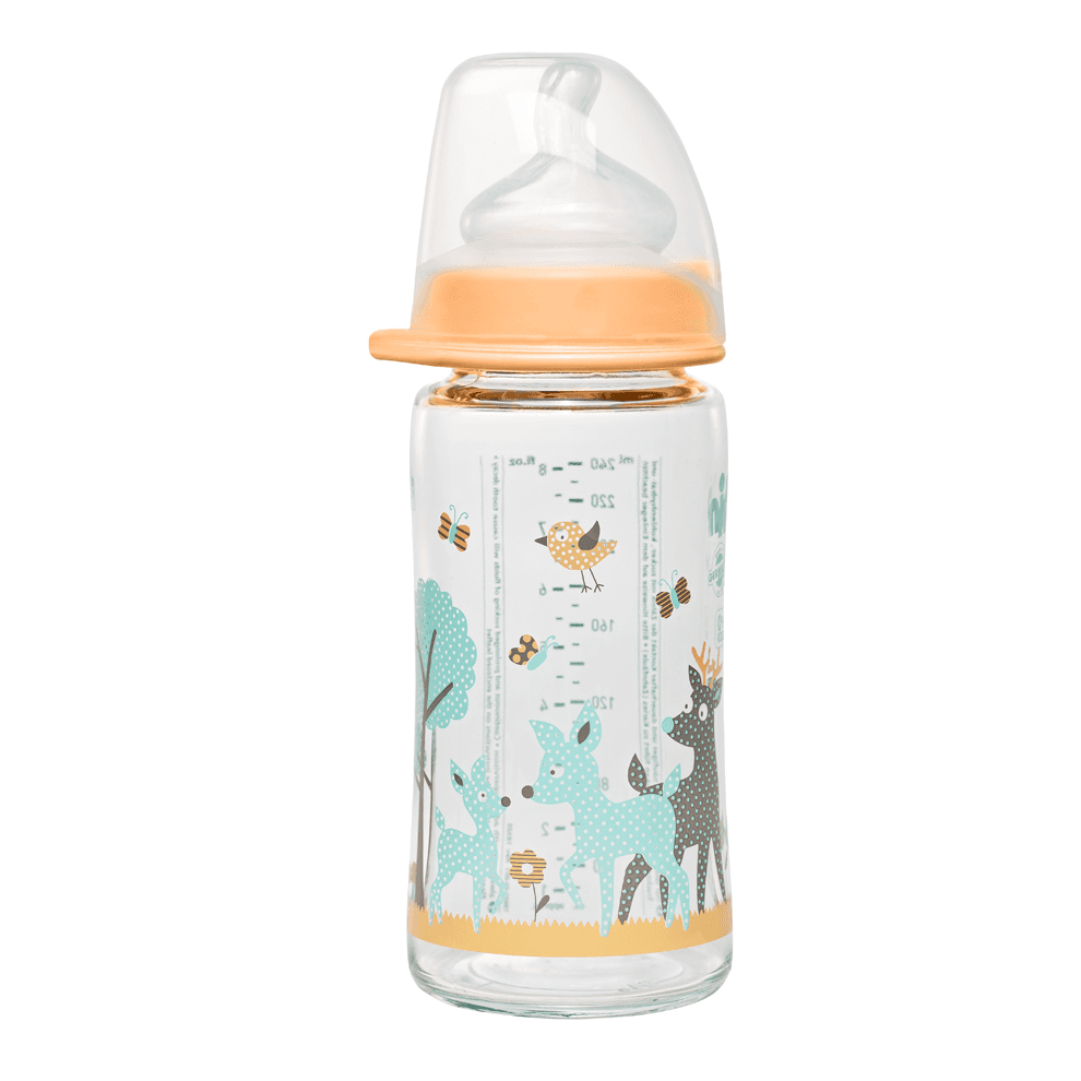 Nip Wide Neck Glass Bottle With Silicone Teat-M 240ml Girl Deer