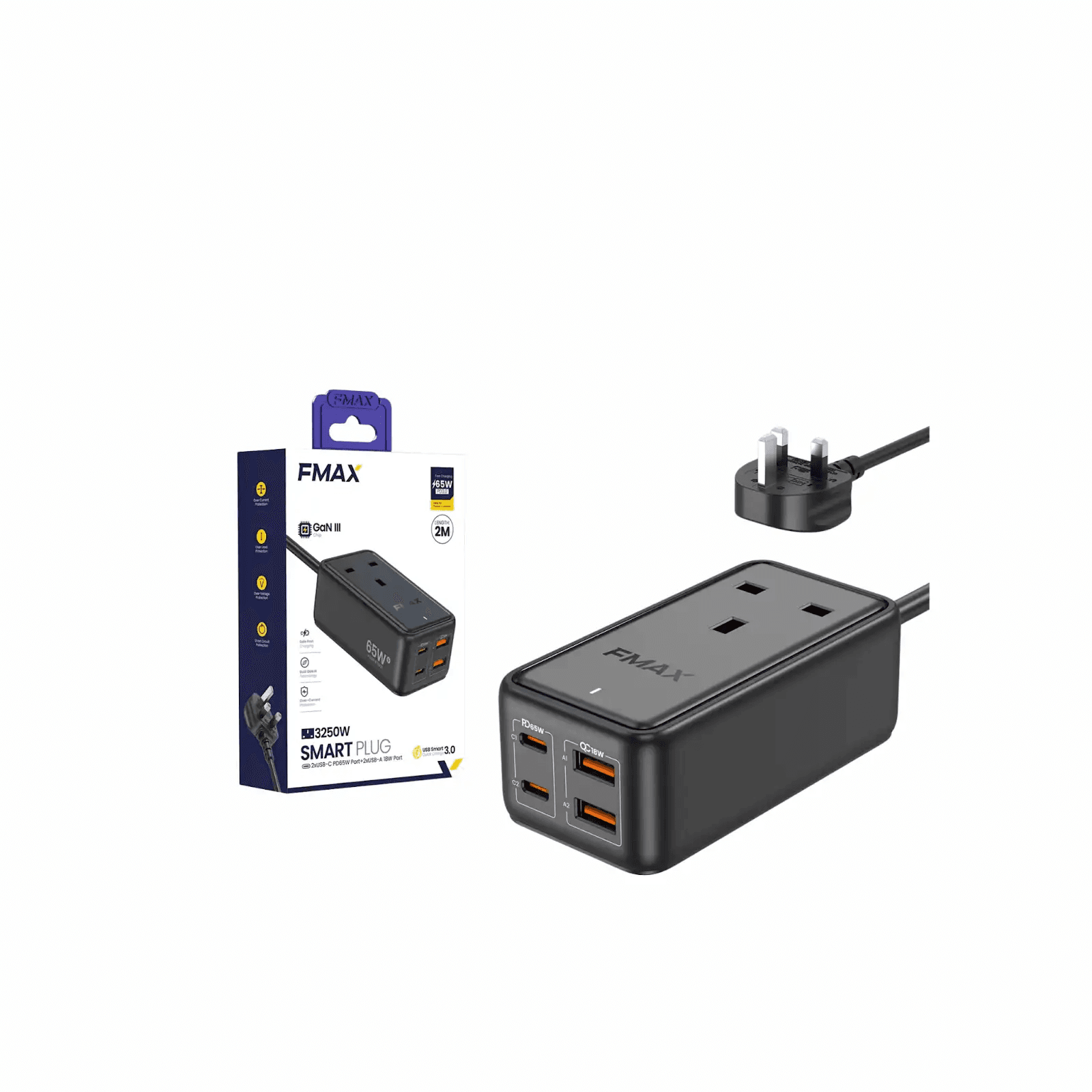 Wall Mounted Extension Lead With Overload Protection 4 Usb 4 Outlet