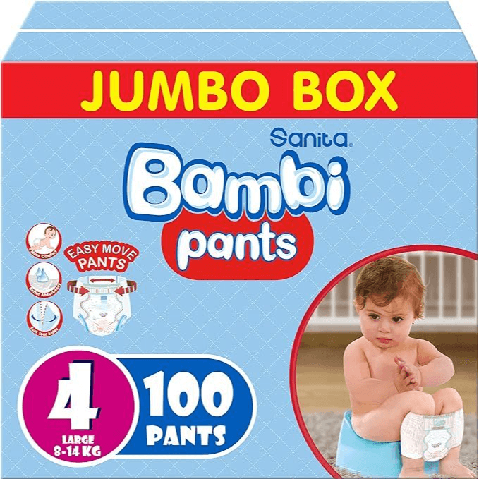 Bambi Pants Size 4 Large 8-14 Kg Jumbo Box 100 Diapers