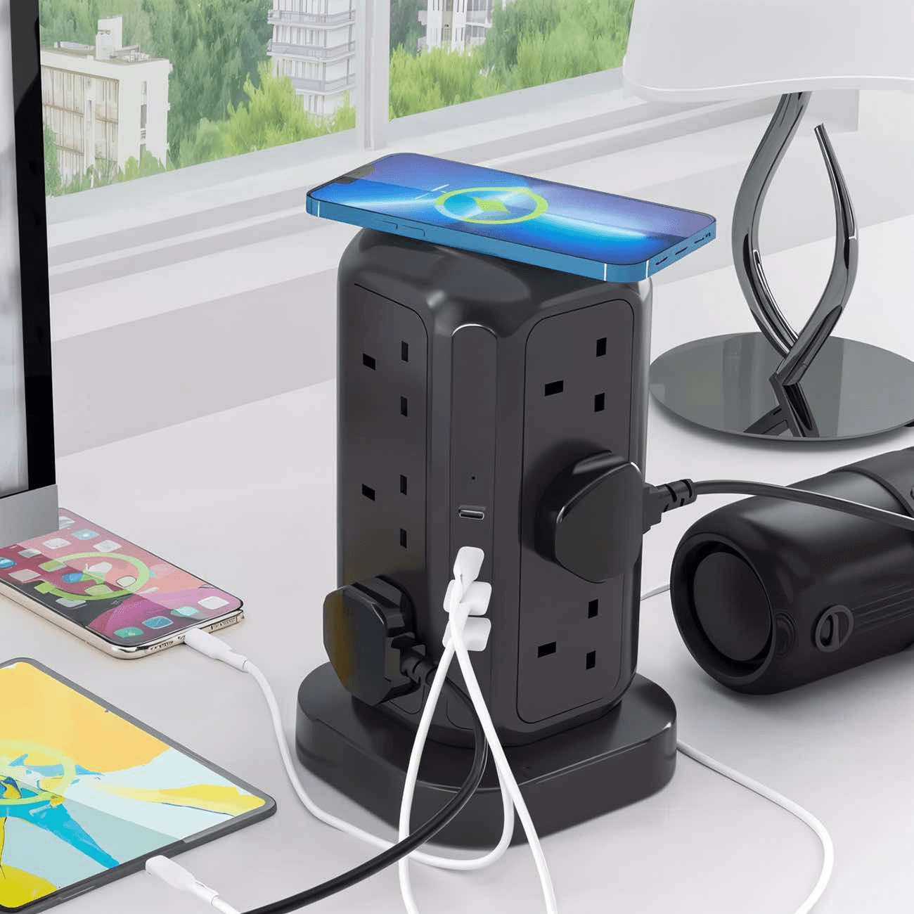 Powerology Power Strip With 12 Ac Outlets + 2 Type-C + 2 Usb Ports / Wireless Charging / Black