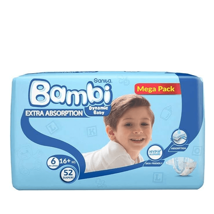 Bambi Baby Diapers Mega Pack Size 6 XXL 16+KG 52 Count
