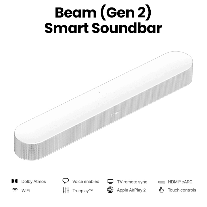 Sonos Beam (Gen 2) Wireless Soundbar With Dolby Atmos - White (Beam2Uk1Wht)