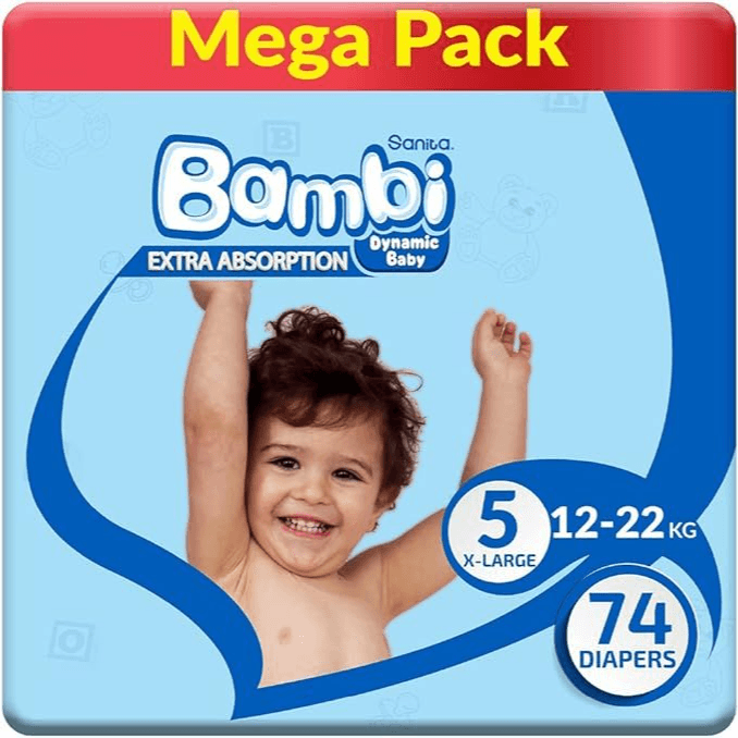 Bambi Baby Diapers Mega Pack Size 5 XL 12-22 KG 74 Count