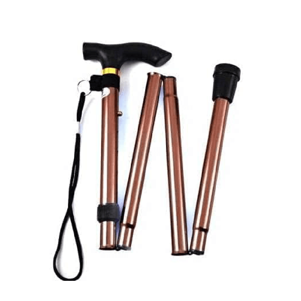 Adjustable Metal Folding Walking Stick Color Brown With Non Slip Rubber Base