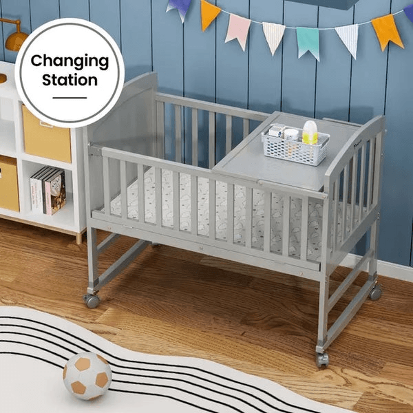 Teknum 7 In 1 Convertible Bedside Crib & Kids Bed With Mattress (Grey)