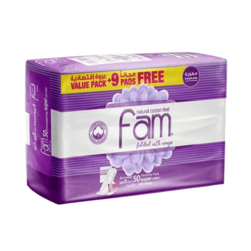 Fam Natural Cotton Feel Feminine Pads With Wings Super 50Pcs