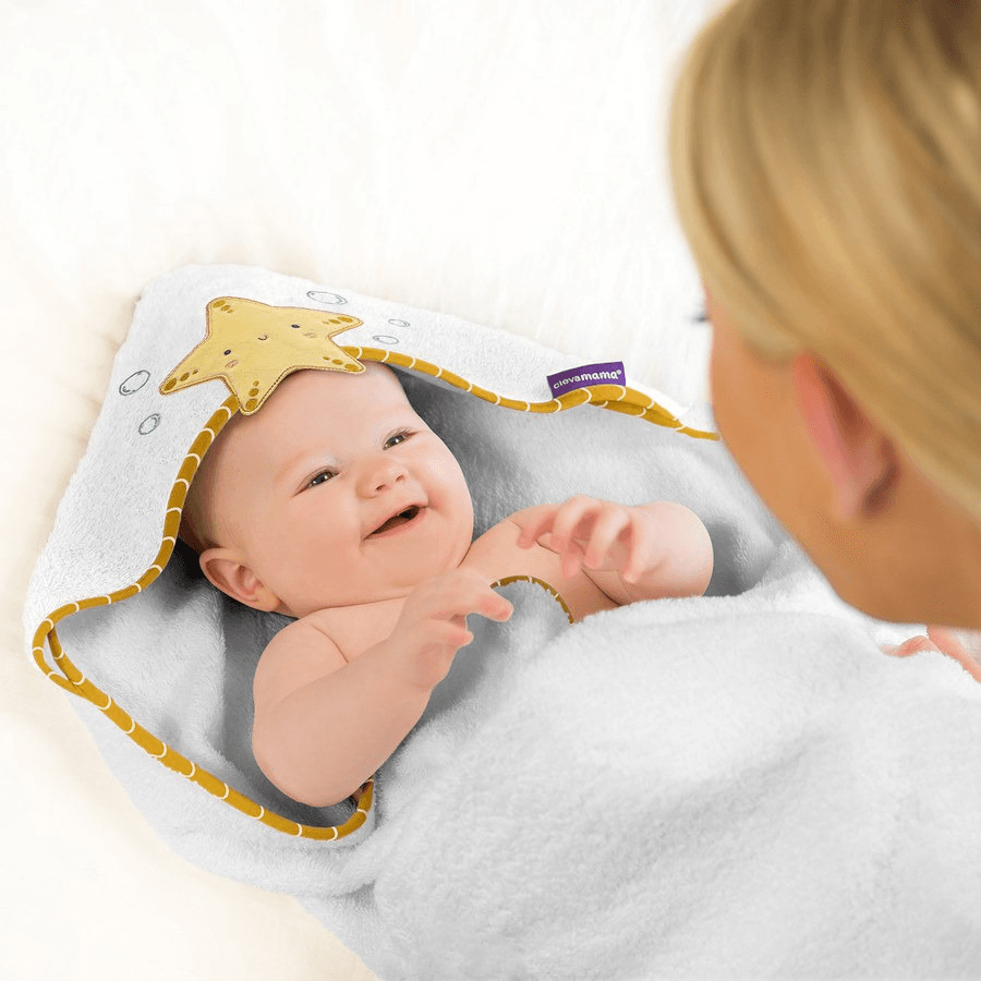Clevamama Bamboo Apron Baby Bath Towel (White & Honey)