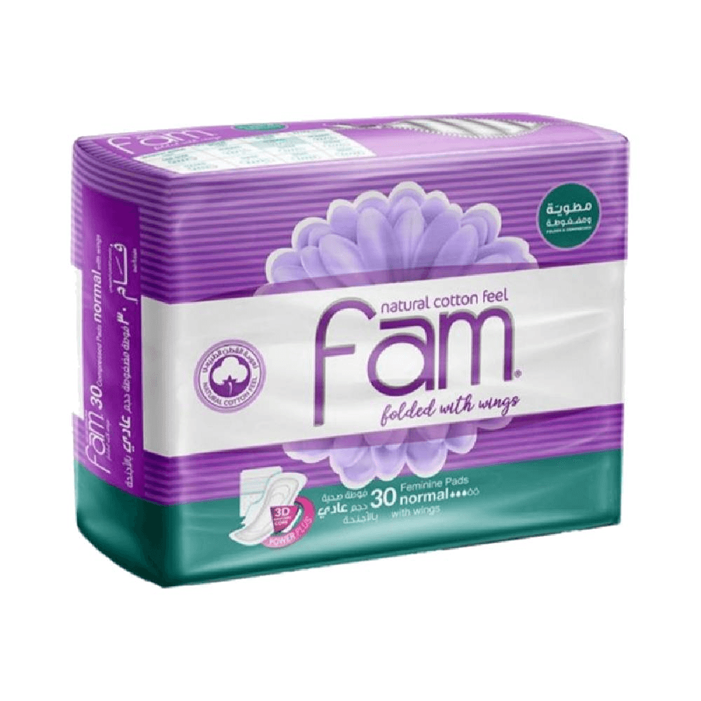 Fam Natural Cotton Feel Folded With Wings Feminine Pads Value Pack 30Pcs 