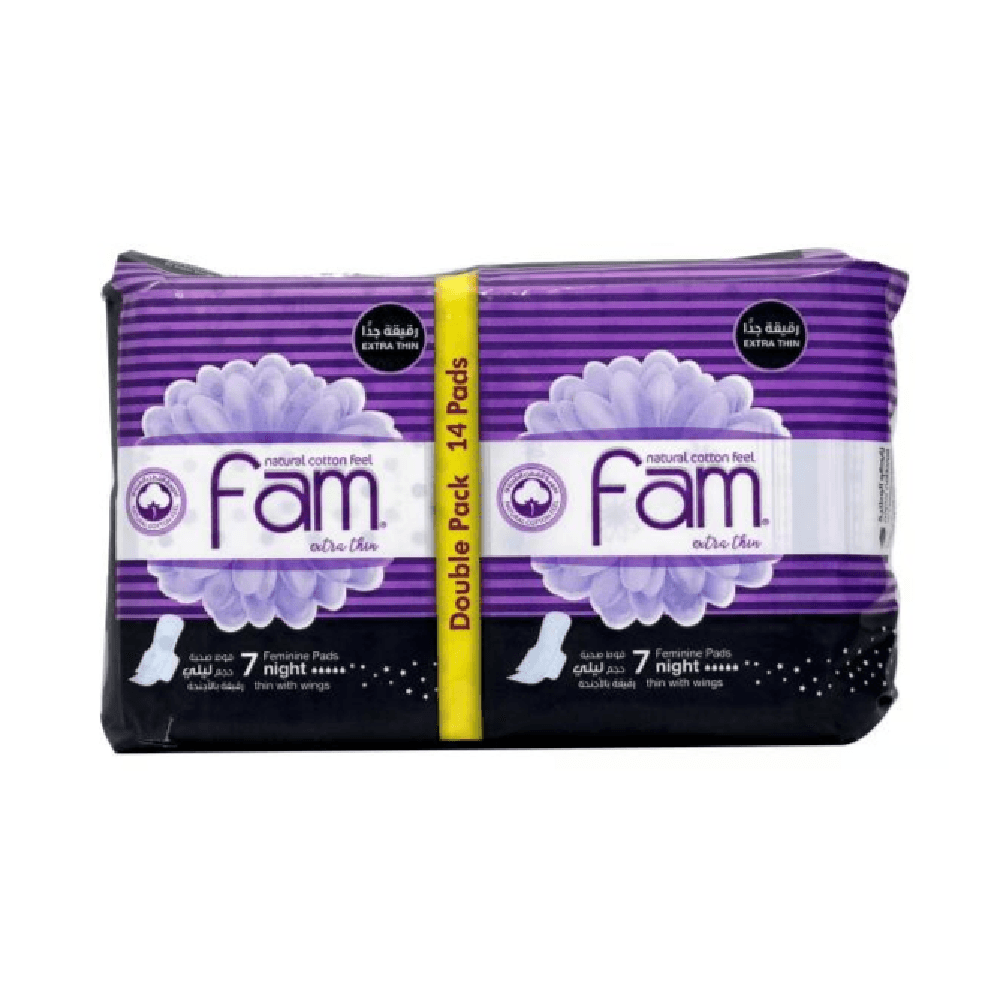 Fam Natural Cotton Feel Feminine Extra Thin With Wings Night Pads 14Pcs 