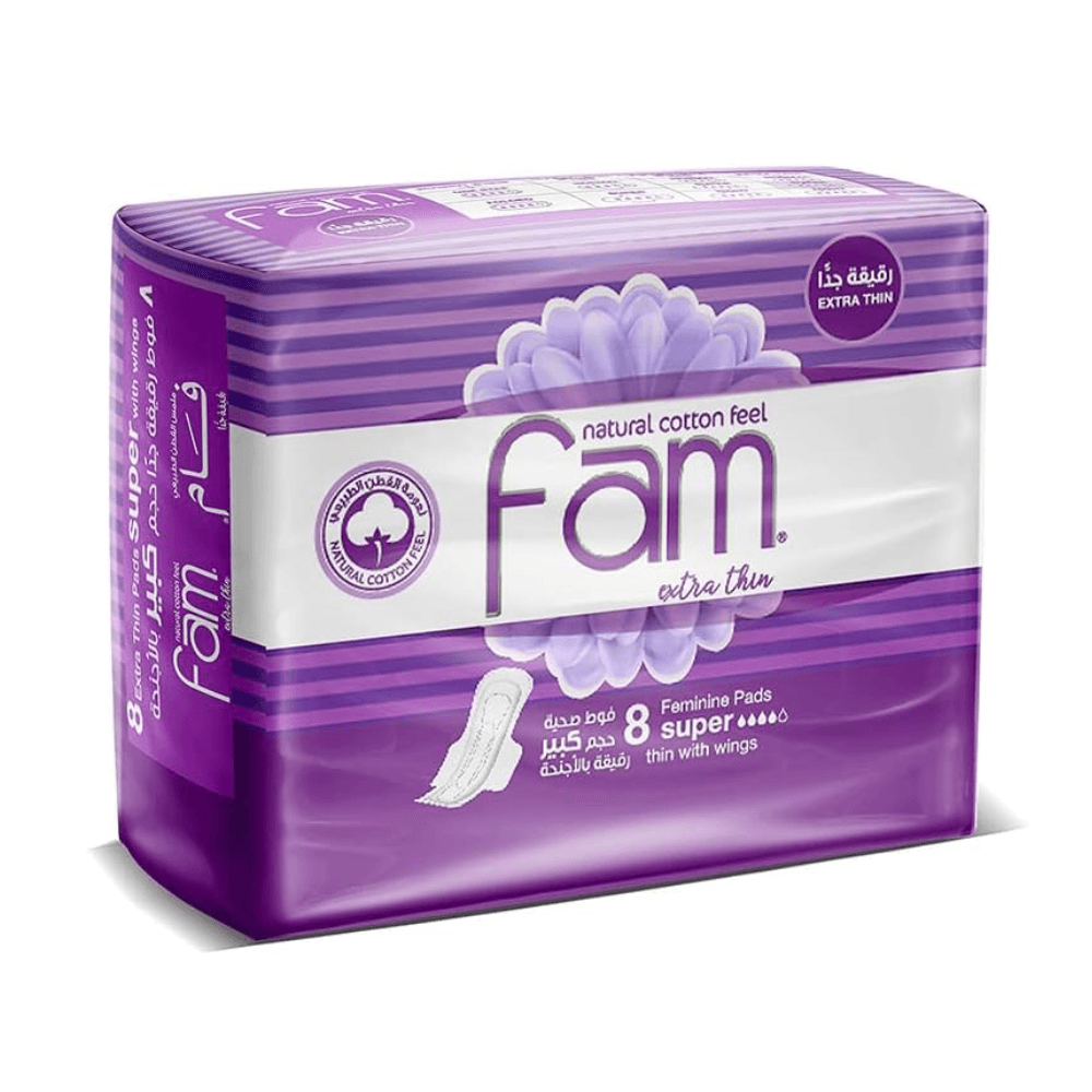 Fam Natural Cotton Feel Feminine Extra Thin Pads With Wings Super 8Pcs 
