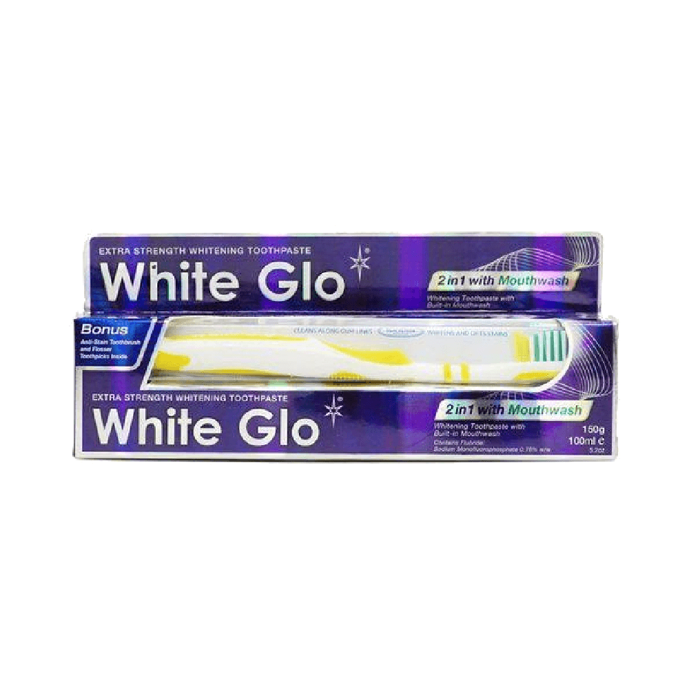 White Glo Whitening 2 In 1 Toothpaste With Built-In Mouthwash 150g + Bonus Anti Stain Toothbrush & Flosser