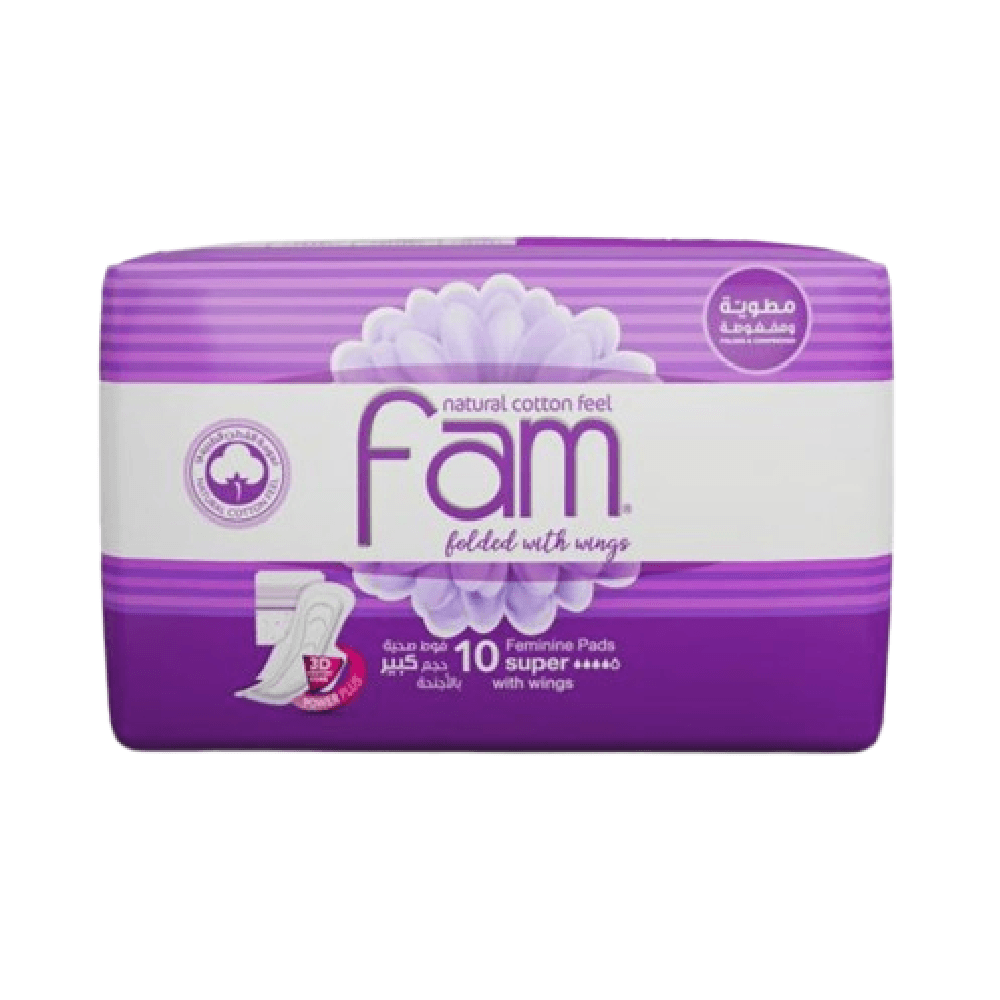 Fam Natural Cotton Feel Folded Feminine Pads With Wings Super 10Pcs