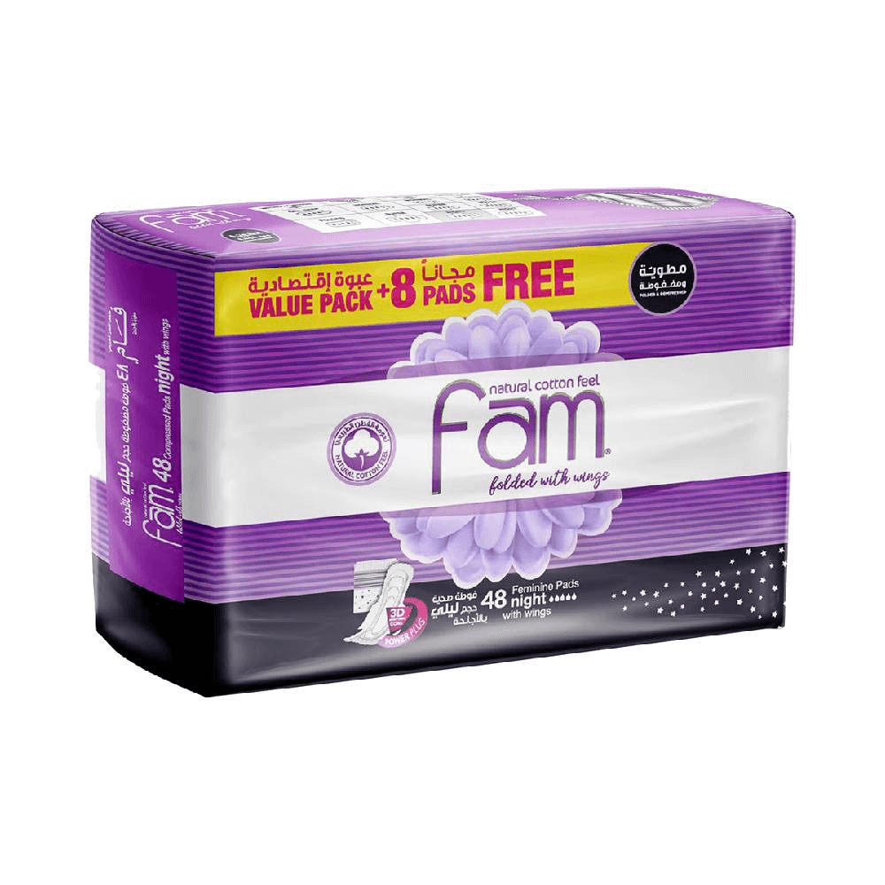 Fam Folded with Wings Natural Cotton Feel 40+8free Night Super feminie pads with wings (Value Pack)