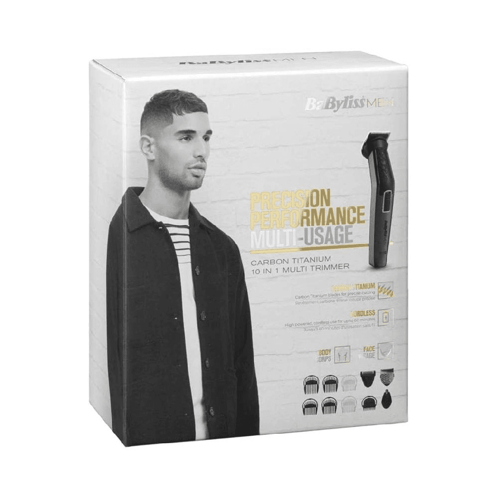 BaByliss Carbon Titanium 10-in-1 Multi Trimmer For Men | 200 grams Lightweight Design | High Power 60 Minutes Cordless Use | Attachments For Multiple Body Hair Trim & Washable Heads | MT727SDE (Black)