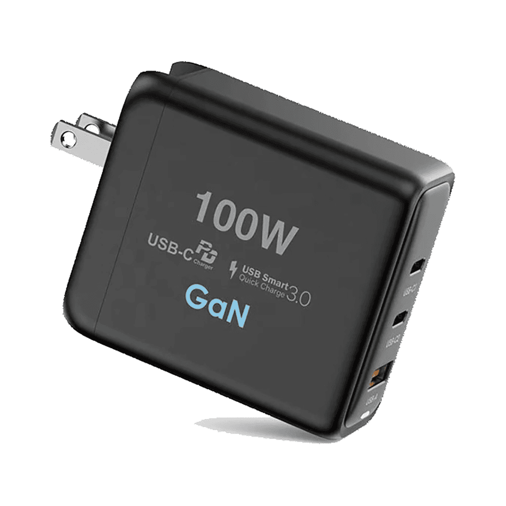 شاحن GaN بقوة 100 واط / مع مدخلين تايب سي و مدخل USB / مع 4 مداخل عالمية / اسود