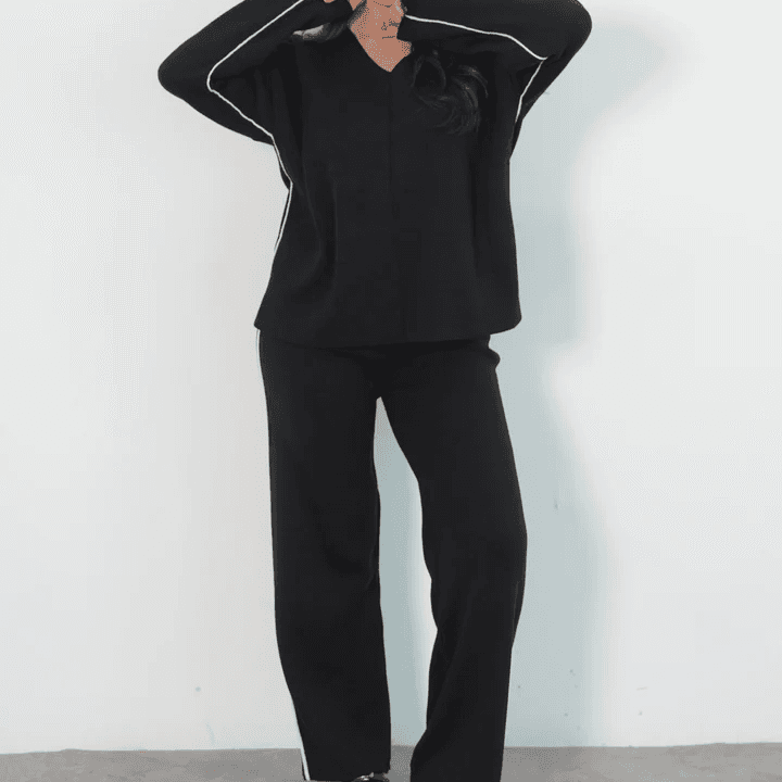 Black V-Neck Side Stripe Trousers Sweater Suit