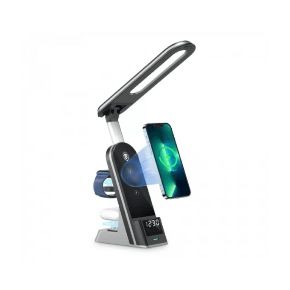 Green 7-in-1 LED Light & Digital Clock Display Smart Wireless Charger For Smart Phone Watch & AirPods 