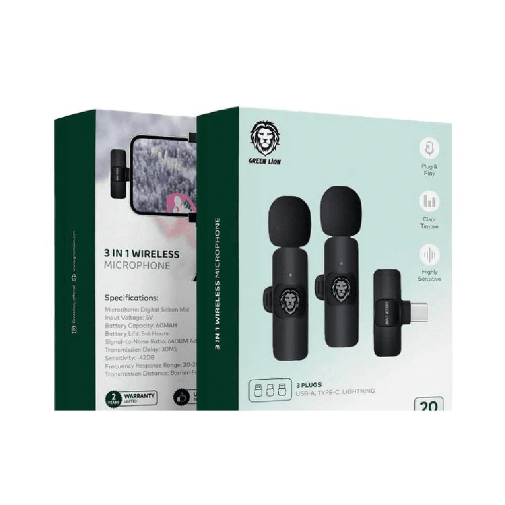 Green Lion 3-in-1 Wireless Microphone with USB-A, Type-C, Lightning Plugs