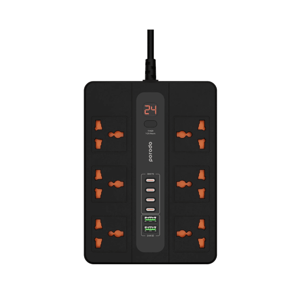 Porodo Universal 6 AC Port Super Power Socket & Extension Cord 3m Black