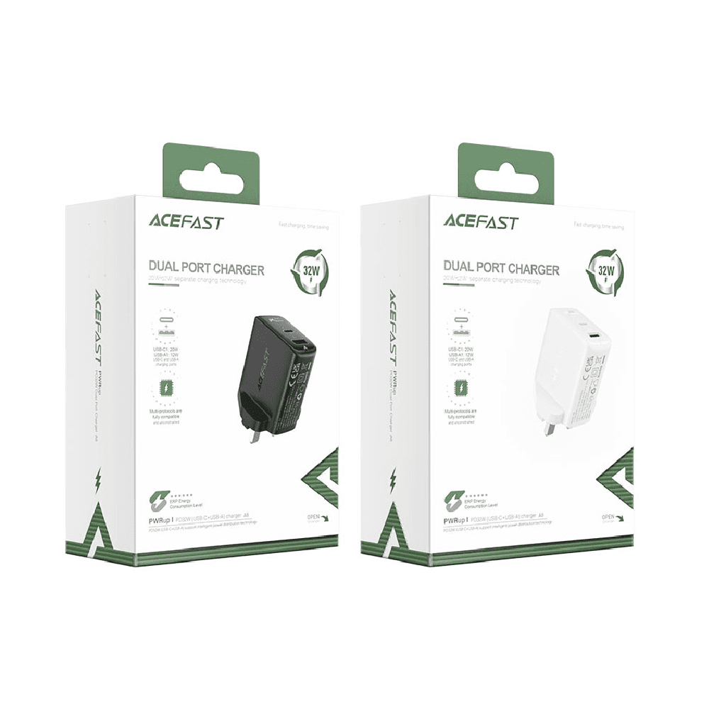 أيسفاست شاحن حائط سريع A8 PD32W (منفذ يو اس بي - سي + منفذ يو اس بي - ايه) وقابس UK