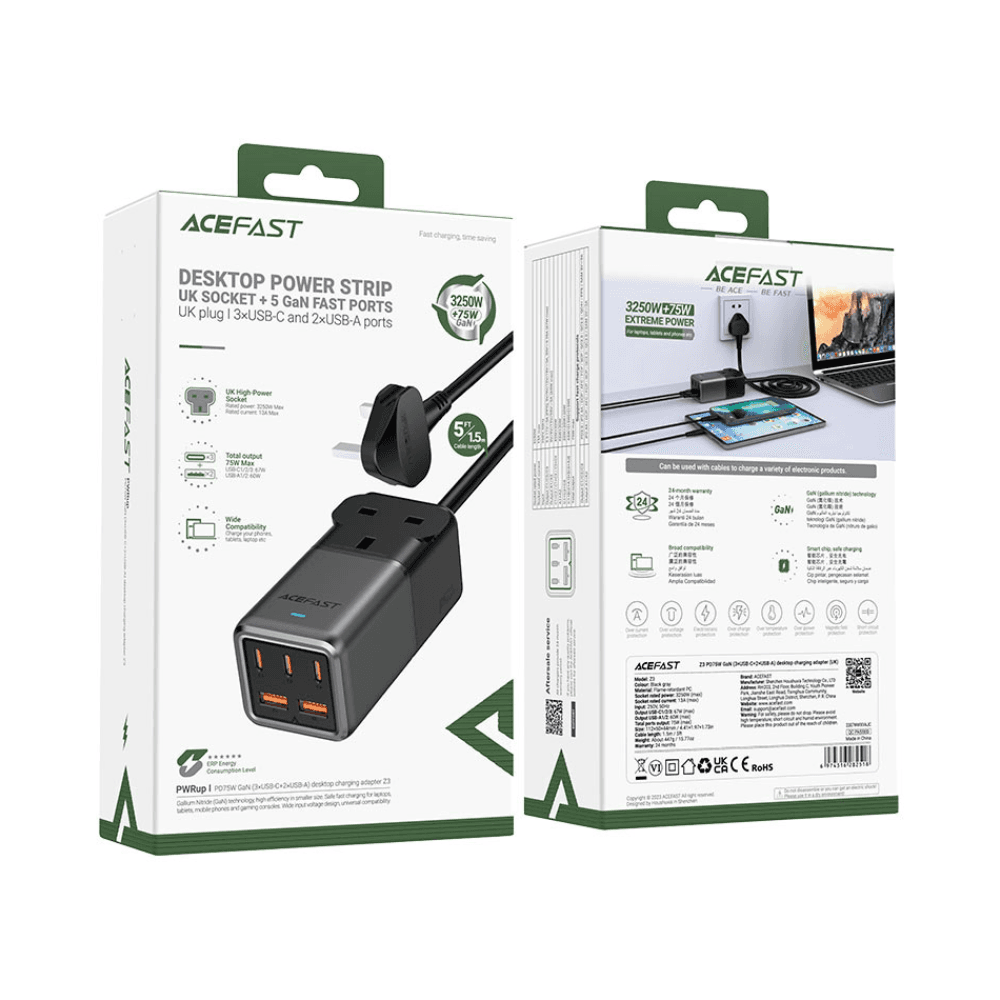 Acefast Z3 Fast Charge Power Strip GaN 3250W & 75W with 3 USB-C & 2 USB-A Ports UK Black