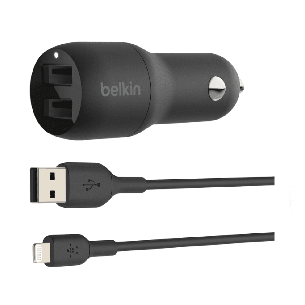 Belkin CCB001BTBK Dual USB-A Car Charger 24W with USB-A to Lightning Cable
