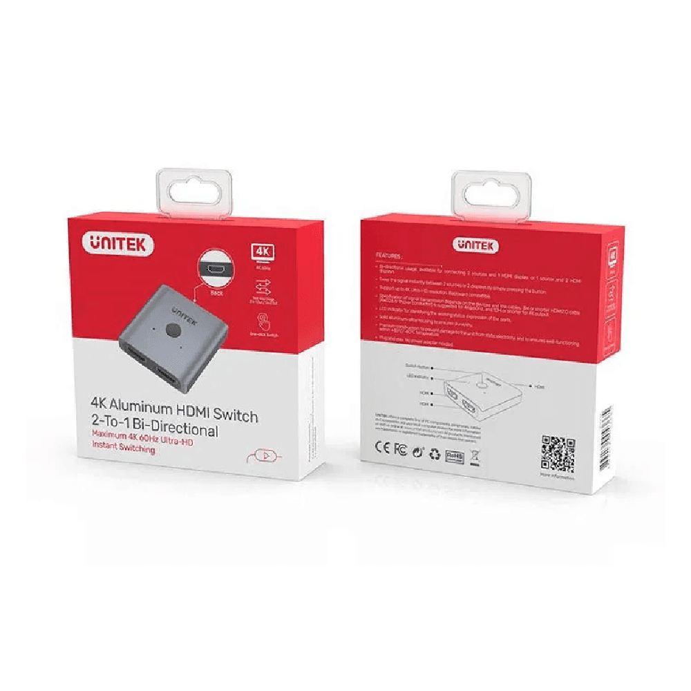 Unitek 4K Aluminium HDMI 2.0 Switch 2-to-1 Bi-Directional