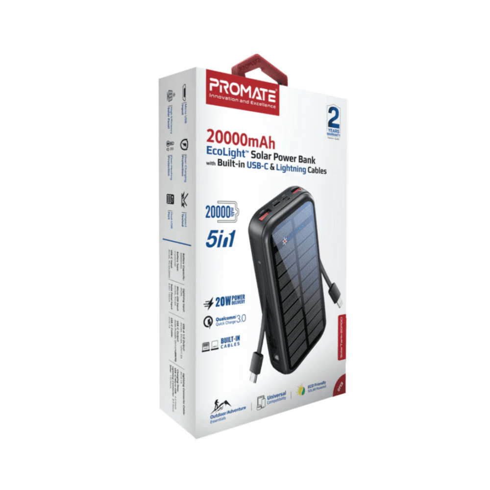 Promate EcoLight Solar 20000mAh Power Bank with Built-in USB-C & Lightning Cable