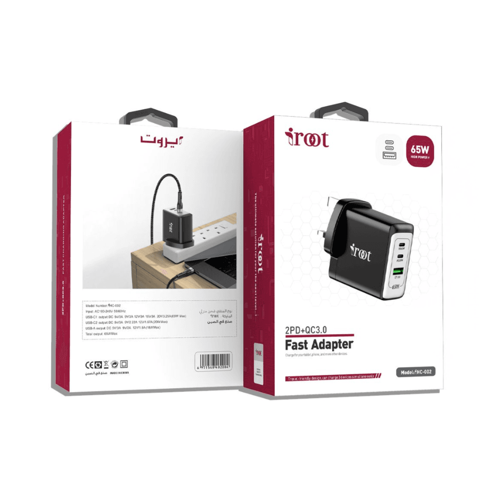 iroot 65W Fast Charging GaN USB+C+C High Power Adapter