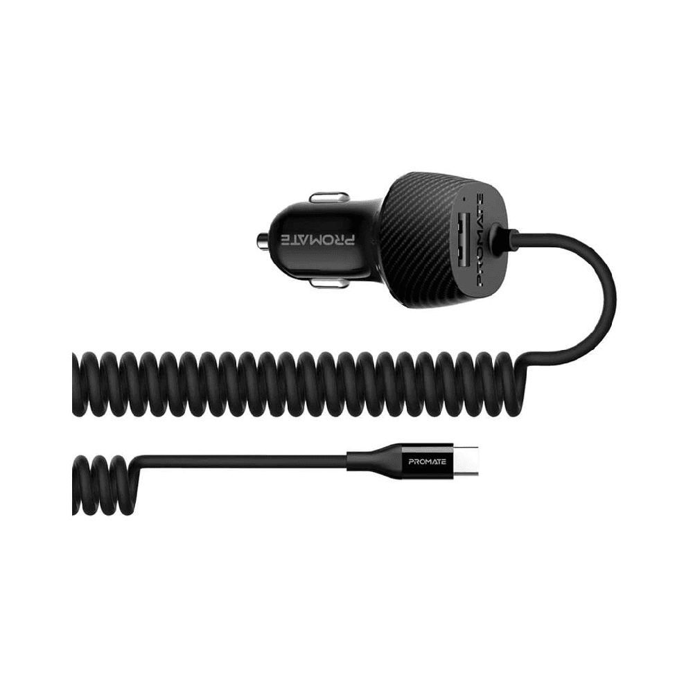 Promate 3.4A Car Charger With Lightning VolTrip Coiled Cable