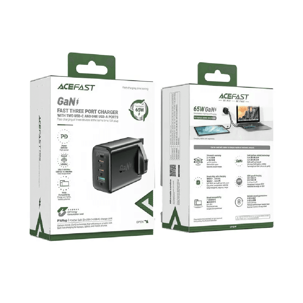 Acefast A44 PD65W GaN 2 USB-C + USB-A Charger Black