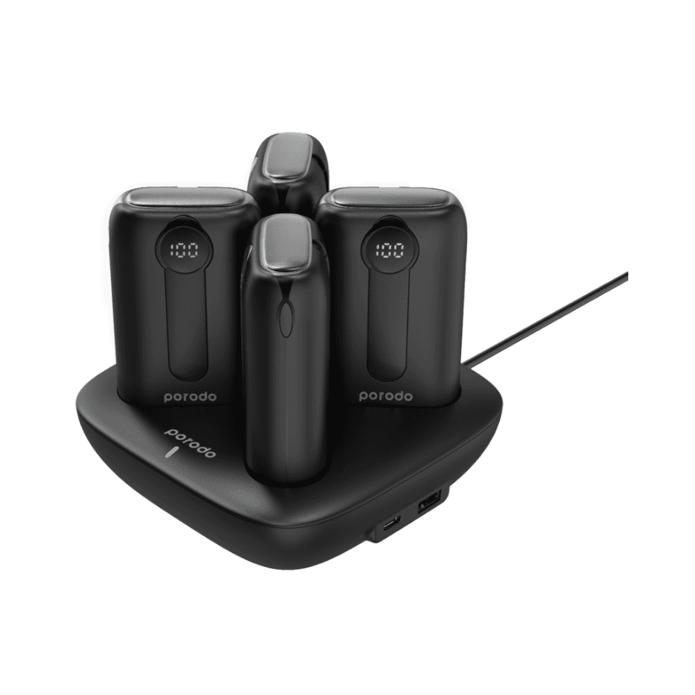Porodo 4 In 1 10000mAh PD 20W Power Bank With Built In Cable Type-C & Lightning Station Black