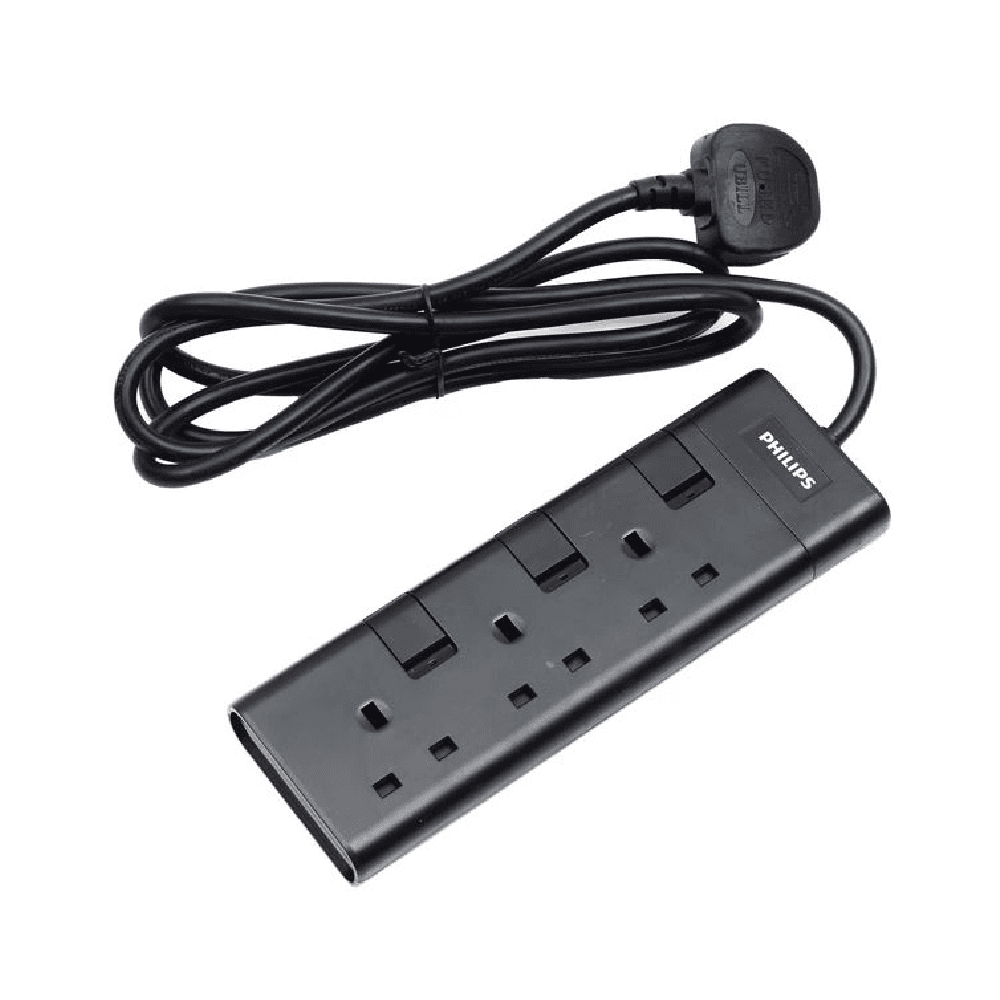 Philips SPN2932BA/56 3-Way Extension Socket with Individual Switch UK Plug 2M Cord Black