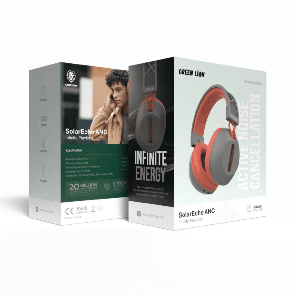 Green Lion SolarEcho ANC Solar Powered with Active Noise Cancelling Wireless Headphones Orange