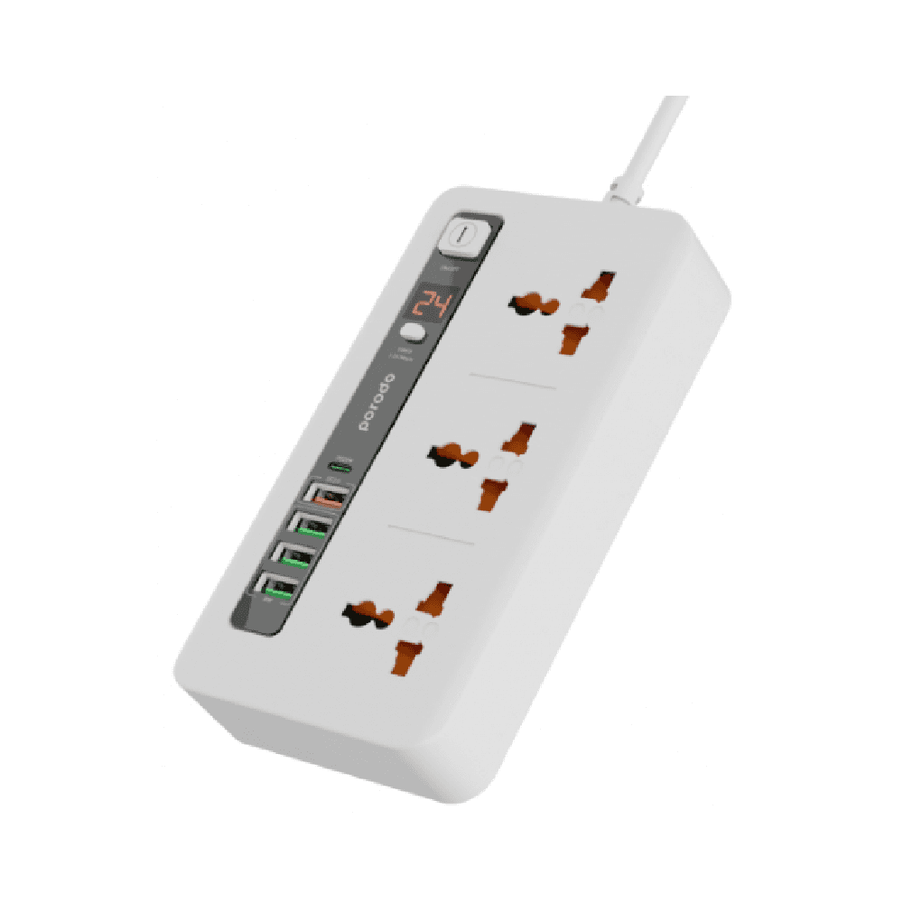 Porodo Multi-Port Power HUB 4 with 3 Power Ports / 4 USB & 1 USB-C PD / White - 7267547496656