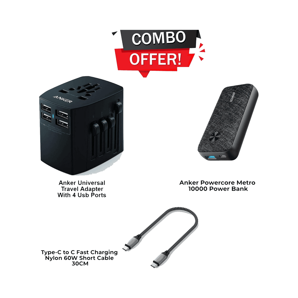 Anker 4 USB Ports Travel Adapter & Powercore Metro 10000mAh Power Bank & Admos C To C Short Cable