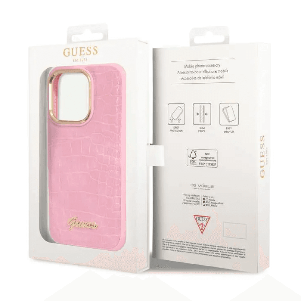Guess PU Croco Case with Metal Camera Outline For iPhone 14 Pro Pink