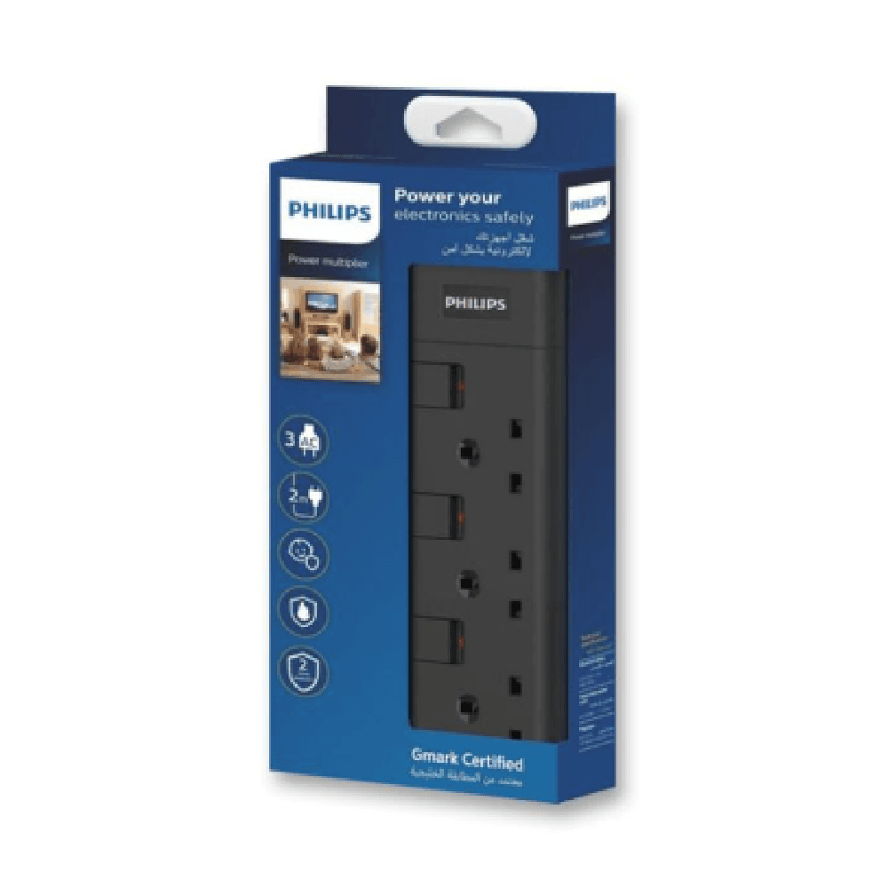 Philips SPN2932BA/56 3-Way Extension Socket with Individual Switch UK Plug 2M Cord Black