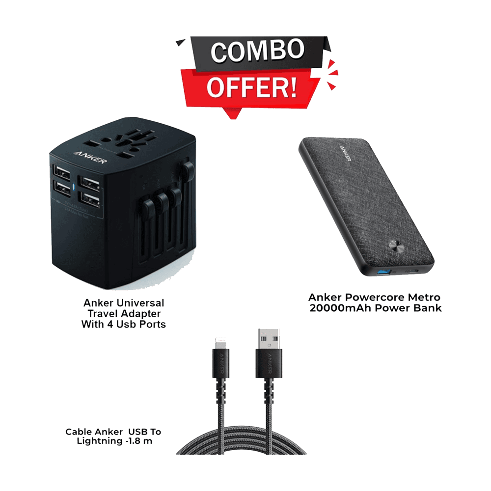 Anker 4 USB Ports Travel Adapter & Metro Essential 20000mAh Power Bank & Anker USB To Lightning Cable 1.8m