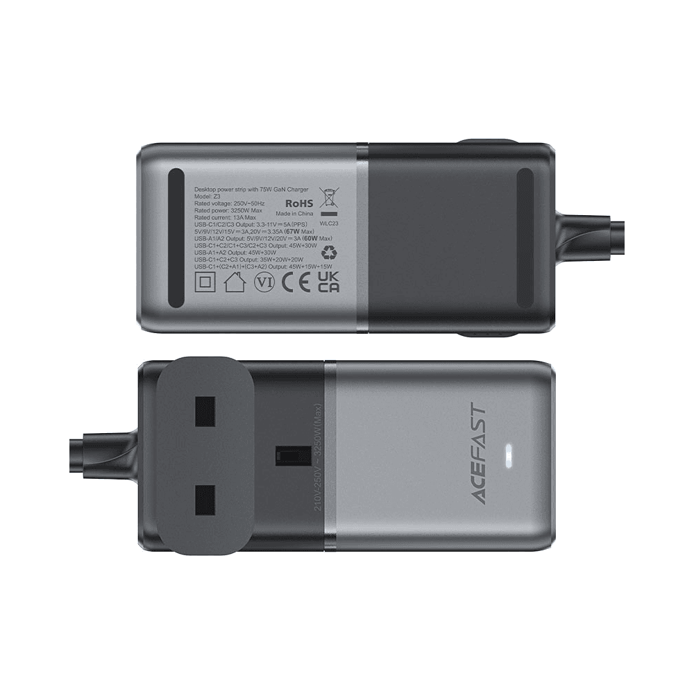 Acefast Z3 Fast Charge Power Strip GaN 3250W & 75W with 3 USB-C & 2 USB-A Ports UK Black