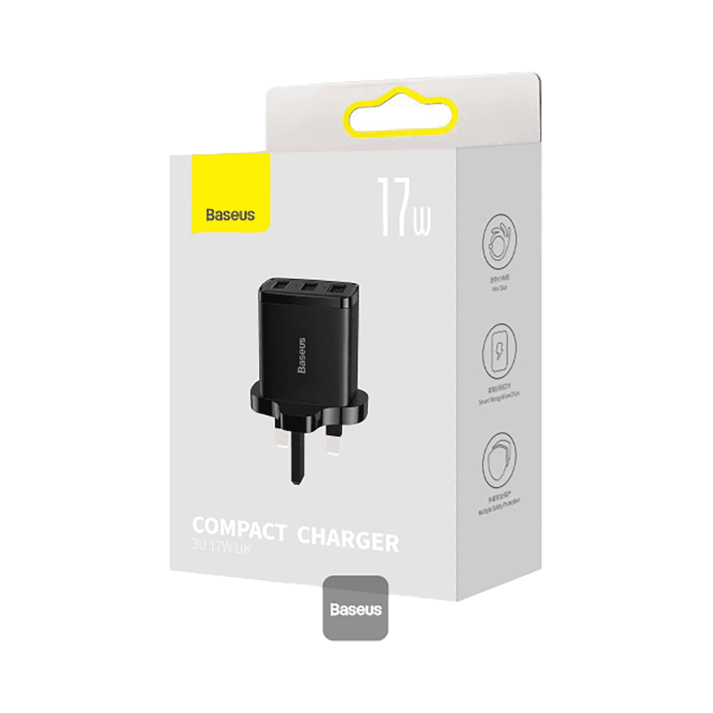 Baseus 3U 17W Compact Charger with Smart Recognition Chips For iPhone, Samsung, Tablets Black
