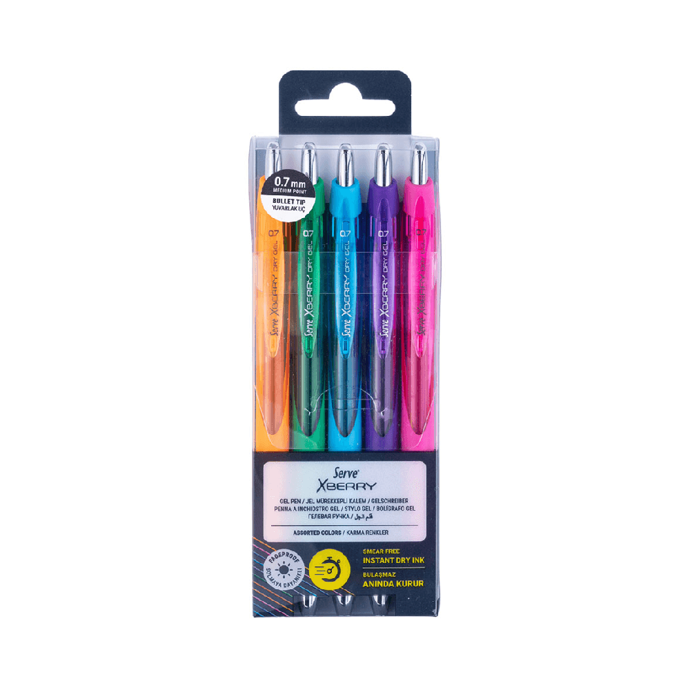 Serve Neon Click 0.7mm Gel Ball Pen Pack 5Pcs