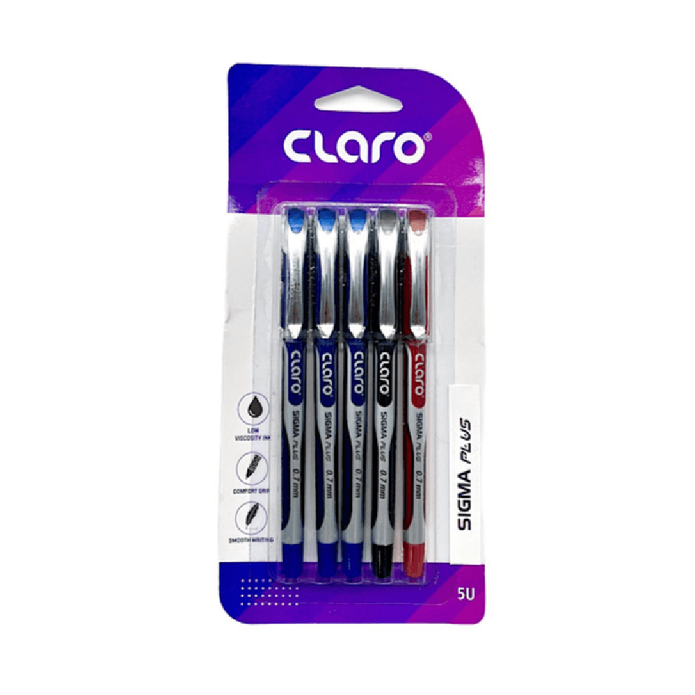 Claro Sigma Plus 0.7mm Ball Point Pen 5Pcs - Blue Black & Red 875
