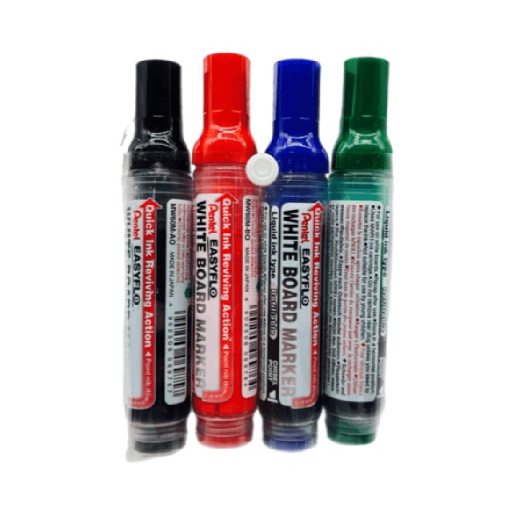 Pentel Easyflo Liquid Ink Type Refillable White Board Marker 4Pcs Set - Blue/ Black/ Green/ & Red 14058