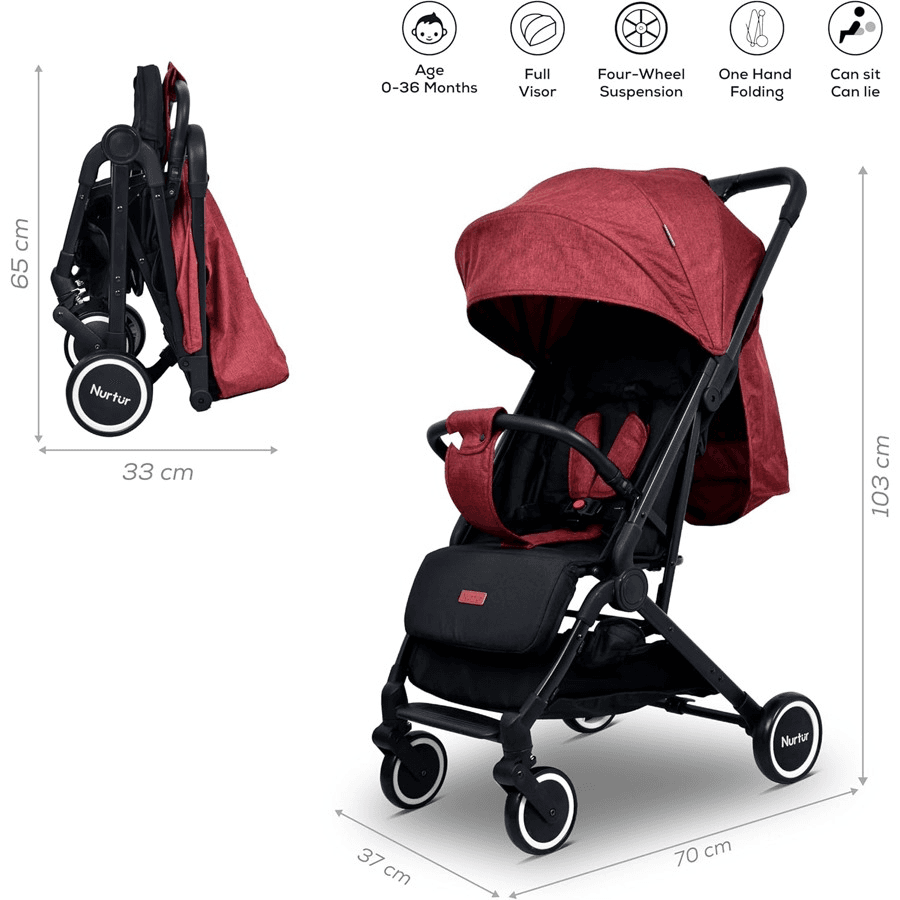 Nurtur Kids Stroller Storage Basket 5 Point Safety Harness Compact Foldable Design Travel Stroller