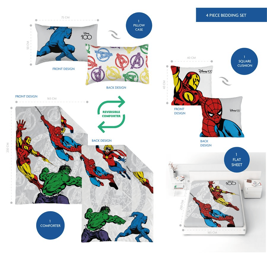 Disney Marvel Reversible Comforter Sets Pack Of 4 (Avengers)